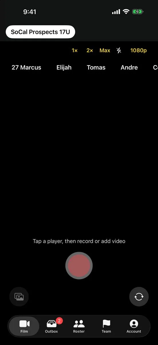 The coach's camera in RosterFilm: tap a player on the team, then record.