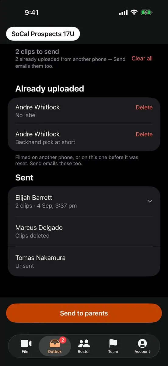 The coach's outbox: clips waiting to send to families, and the ones already sent.