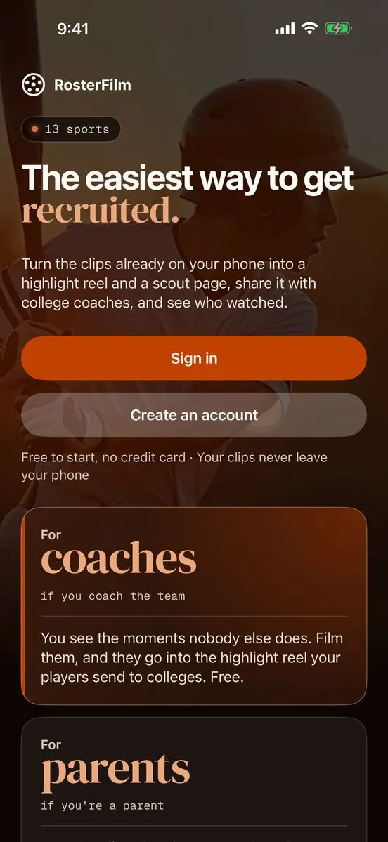 RosterFilm's phone app opening on its welcome screen: “The easiest way to get recruited.”
