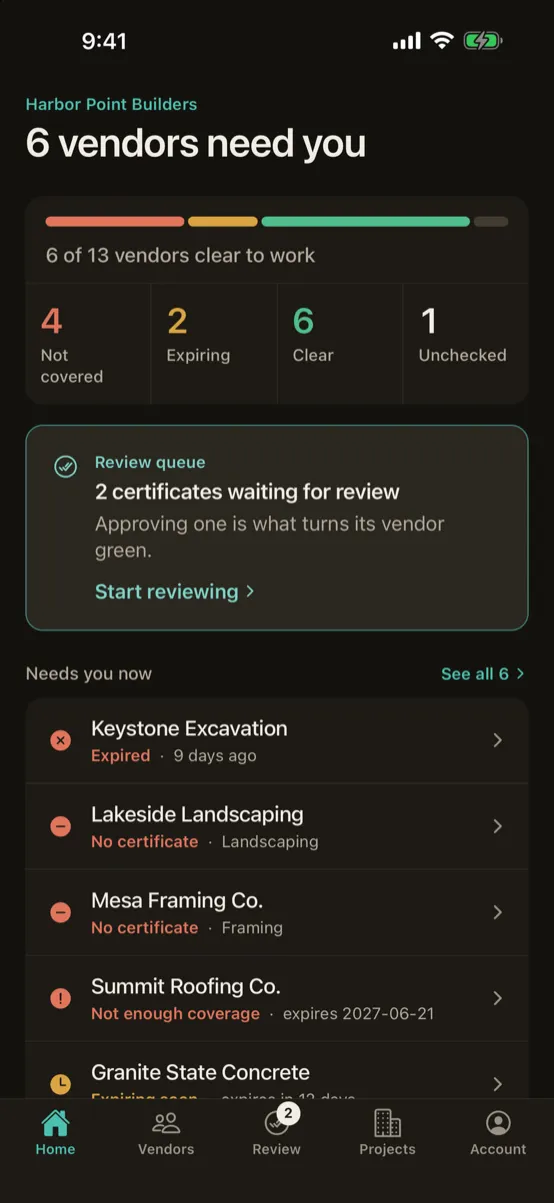 SiteSquare's phone app: six of thirteen vendors need attention, and two certificates wait for review.