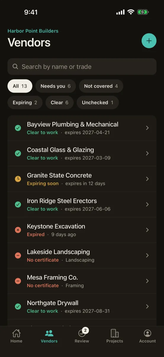 The vendor list, each marked clear to work, expiring soon, or not covered.