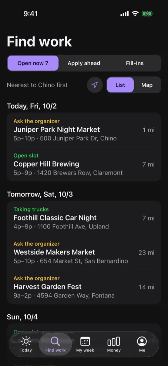 Find work: open slots at venues and markets over the next few days, nearest first.