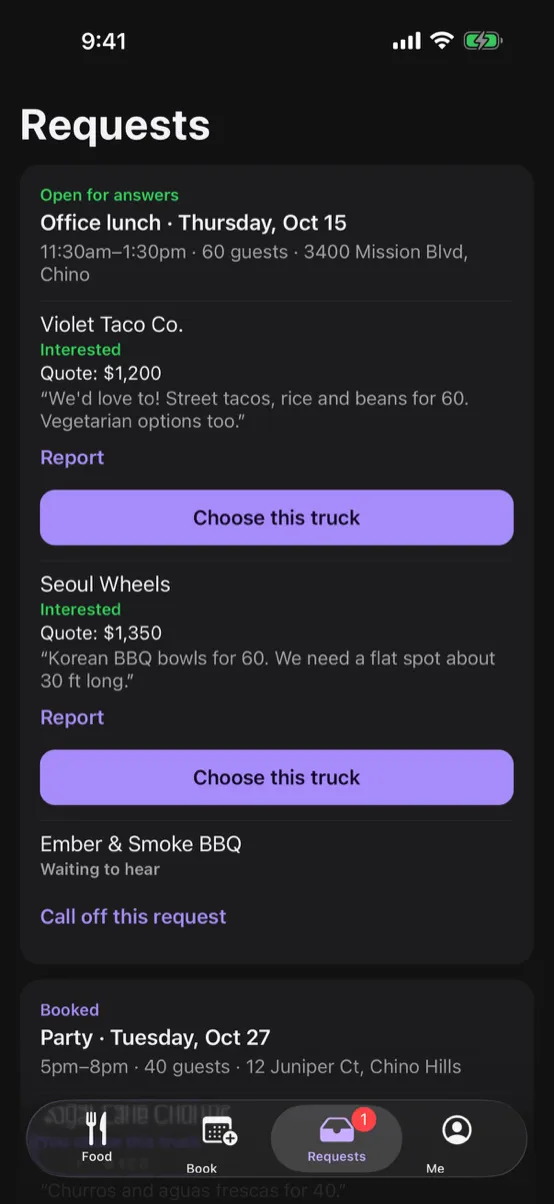 A customer's booking requests: trucks that answered with a quote, each with a Choose this truck button.